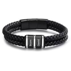 ALBERTBAND Personalisiertes Leder Armband mit Namen für Herren Edelstahl Schwarz Silber Armband Geschenk für Papa Vatertag Ehemann Valentinstag Opa Weihnachten (2 NAME) von ALBERTBAND