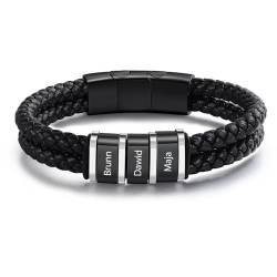 ALBERTBAND Personalisiertes Leder Armband mit Namen für Herren Edelstahl Schwarz Silber Armband Geschenk für Papa Vatertag Ehemann Valentinstag Opa Weihnachten (3 NAME) von ALBERTBAND