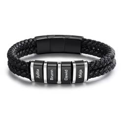 ALBERTBAND Personalisiertes Leder Armband mit Namen für Herren Edelstahl Schwarz Silber Armband Geschenk für Papa Vatertag Ehemann Valentinstag Opa Weihnachten (4 NAME) von ALBERTBAND