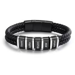 ALBERTBAND Personalisiertes Leder Armband mit Namen für Herren Edelstahl Schwarz Silber Armband Geschenk für Papa Vatertag Ehemann Valentinstag Opa Weihnachten (5 NAME) von ALBERTBAND