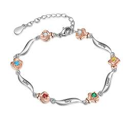 ALBERTBAND Personalisiertes Rosen Blumen Armband mit 1-6 Namen und Simulierten Geburtssteinen Silberne verstellbare Charms Armbänder für Frauen Frau Mädchen Valentinstag Weihnachten (#2-4 names) von ALBERTBAND