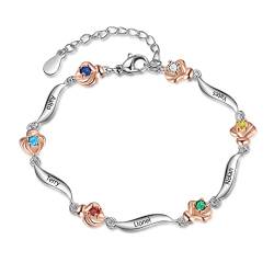 ALBERTBAND Personalisiertes Rosen Blumen Armband mit 1-6 Namen und Simulierten Geburtssteinen Silberne verstellbare Charms Armbänder für Frauen Frau Mädchen Valentinstag Weihnachten (#2-5 names) von ALBERTBAND