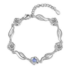 ALBERTBAND Personalisiertes Rosen Blumen Armband mit 1-6 Namen und Simulierten Geburtssteinen Silberne verstellbare Charms Armbänder für Frauen Frau Mädchen Valentinstag Weihnachten (1 name) von ALBERTBAND