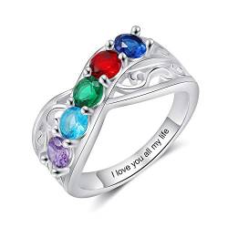ALBERTBAND Ringe für Frauen Personalisierter Ring mit 2-5 simulierten Geburtssteinen Silber Verlobungsringe Gravur Damen Mutter Großmutter Geschenk zum Muttertag (5 Steine, 52 (16.6)) von ALBERTBAND