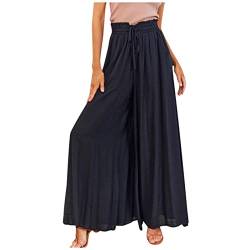 ALCRISP Hose Damen Sommer High Waist Plissee Palazzo Hose mit Gummizug Weites Bein Chiffon Freizeithose Elegante Einfarbig Marlenehose für Frauen, Schwarz, M von ALCRISP