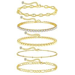 ALEXCRAFT 14K Armband Damen Gold Armkette Goldschmuck Set Geschenk für Frauen Freundin Mama Mädchen(5 Stück) von ALEXCRAFT