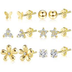 ALEXCRAFT Ohrstecker Gold Set Ohrringe Silber 925 Ohrringe Damen Herren 14K Cubic Zirconia Earrings(6 Paar,5 MM) von ALEXCRAFT
