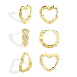 Ohrringe Gold Herz Creolen Set Damen, Ohrringe Herzförm Gold Set, Kleine Sterling Silber 925 Creolen Herz Glitz Ohrringe mit Zirkonia, Liebe Herz Creolen Huggies Kreolen Knorpel Gold Ohrringe, 3Paar von ALEXCRAFT