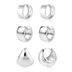 Silber 925 Creolen Set Creolen Klobig Kleine, 3 Paar Silber 925 Ohrringe Set Damen Creolen Klobig Kleine Knorpel Huggie Creolen Leicht Breit Silber Ohrringe Oval Glitz Creolen Kleine Damen Mädchen von ALEXCRAFT