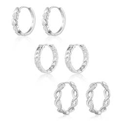 Silber 925 Ohrringe Creolen Damen, Kleine Creolen Silber Set, 3Paar Sterling Silber 925 Ohrringe Kleine Herz Kette Twist Creolen Glitz Zirkon Ohrringe Set Silber Knorpel Huggies Kreolen Creolen Damen von ALEXCRAFT