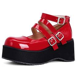 Damen Mary Jane Schuhe Klobige Plattform Schuhe Anti-Rutsch Lolita Prinzessin Schuhe Plattform Pumps (Color : Rot, Size : 46 EU) von ALFAAL