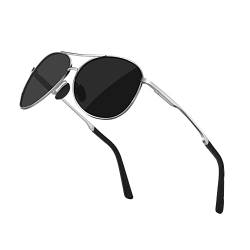 Sonnenbrille Herren Damen Pilotenbrille Polarisiert Fliegerbrille Premium Metallrahmen Piloten Sonnen brillen Unisex UV400 Schutz Retro Vintage Schwarz Fahrerbrille Sportbrille Sunglasses (silbergrau) von ALHAZEN
