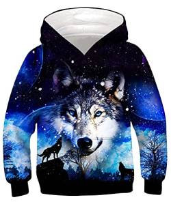 ALISISTER 3D Hoodies Kapuzenpullover Für Kinder Jungen Mädchen Erstaunlich Galaxis Wolf Grafik Hooded Sweatshirt Herbst Winter Pullover Shirt Tops (M=8-10 Jahre) von ALISISTER