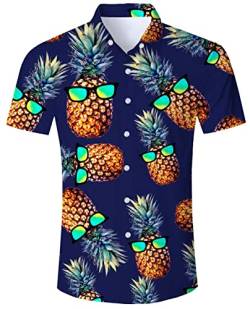 ALISISTER Ananas Hawaiihemd Herren Orange 3D Urlaubshemden Button Down T-Shirts Aloha Bluse Kurzärmliges Hawaii Hemd Sommer Hawaii Strandhemd für Männer XXL von ALISISTER