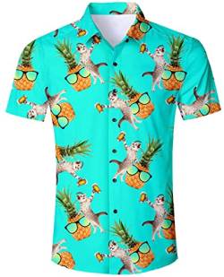 ALISISTER Ananas Katze Hawaiihemd Herren Orange 3D Urlaubshemden Button Down Shirts Aloha Bluse Kurzärmliges Hawaii Hemd Sommer Hawaii Strandhemd für Männer XXL von ALISISTER