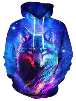 ALISISTER Blau Hoody Herren Damen 3D Kapuzen Sweatshirt Wolf Printed Kordelzug Tasche Pullover Sportswear Hoodie Teen Kleidung Top L von ALISISTER