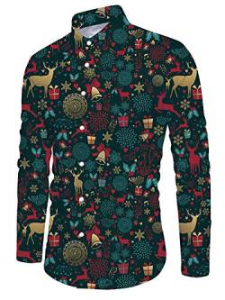 ALISISTER Funky Weihnachtshemd Herren Shirt Junge 3D Rentier Glocke Langarm Lässig Christmas Shirts Regular Slim Fit Party Xmas Hemd Bunt XL von ALISISTER