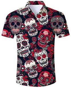 ALISISTER Halloween Festival Shirt 3D Neuheit Schädel und Blume Grafik Button Down Kurzarm Hemd für Jungen Mädchen Party Aktivität L von ALISISTER