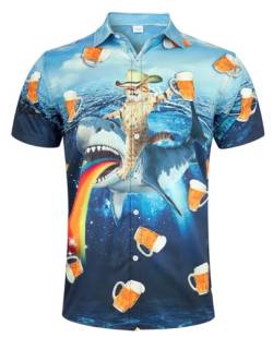 ALISISTER Hawaii Hemd Funky Hawaiihemd Herren 3D Katze Hai Bier Gedruckt Kurzarmhemd Tropical Button Down Strandurlaub Aloha Shirt Sommer Hemden XXL von ALISISTER