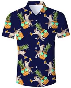 ALISISTER Hawaii Hemd Kurzarm Tropical 3D Ananas Katze Muster Urlaub Hawaiihemd Herren Button Down Fancy Kurzarm T-Shirt Lustige Party Aloha Blau Shirt für Männer XXL von ALISISTER