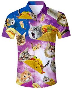 ALISISTER Hawaiihemd Herren 3D Pizza Katze Gedruckt Kurzärmliges Hemd Tropical Button Down Strandhemd Aloha Summer Hawaii Regular Slim Fit Shirts Bunt Hemden M von ALISISTER