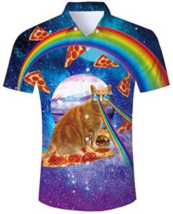 ALISISTER Hawaiihemd Herren Funky Hawaii Hemd Kurzarm 3D Galaxis Pizza Katze Drucke Lustig Aloha Button Down Bluse Urlaubshemden Sommer Strandkleidung Outfit L von ALISISTER