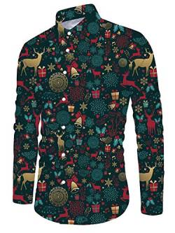 ALISISTER Herren Weihnachtshemd Personalisiert Shirt 3D Rentier Glocke Pattern Christmas Hemd Button Down Langarm Hemd Männer Festival Party Retro Freizeithemd XXL von ALISISTER