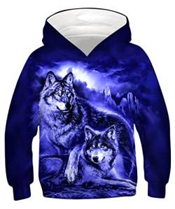 ALISISTER Hoodie Jungen Mädchen 3D Coole Galaxis Wolf Design Kapuzenpullover Pullover Sweatshirt Mit Taschen Kind Langarm Pulli Tops (L=11-13 Jahre) von ALISISTER