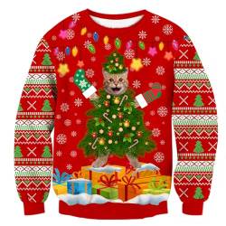 ALISISTER Lustig Weihnachtspullover 3D Rot Weihnachtskatzen Grafik Ugly Christmas Sweater Herren Langarm Festival Pullover Sweatshirt L von ALISISTER