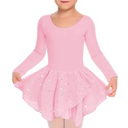 ALISISTER Mädchen Ballettkleidung Langarm Ballettkleid Balletttrikot Ballettanzug Kinder Rosa Baumwolle Tanzkleid Tanzbody Ballettbody mit Rock Tütü 8-9 Jaher von ALISISTER