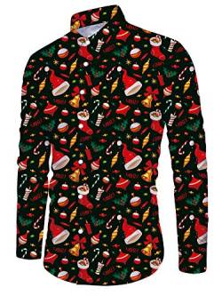 ALISISTER Weihnachtshemd Herren Button Down Bluse Langarm Xmas Hemd Erwachsene Personalisiert 3D Lässig Regular Slim Fit Festival Christmas Party Shirts XL von ALISISTER
