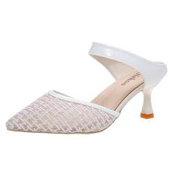 ALISSE Damen-Sandalen mit geschlossenem, spitzem Zehenbereich, modisches Netz, ausgehöhlt, High-Heel-Hausschuhe, Slip-On, rückenfreie Stilettos, Kleid-Sandale (Color : White, Size : 38 EU) von ALISSE