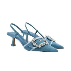 ALISSE Damen-Slingback-Pumps mit Strass-Schnalle, Retro-Denim, spitzer Zehenbereich, High Heels. Modische Damen-Sandalen zum Schnüren (Size : 40 EU) von ALISSE