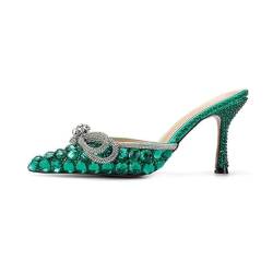 Damen-Luxus-Strass-Sandalen, dünne High Heels, geschlossene spitze Zehen-Hausschuhe, grüne Kristall-Absatzschuhe, modische Slip-on-rückenfreie Hochzeitskleid-Pumps-Schuhe ( Color : Green , Size : 37 E von ALISSE