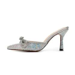 Damen-Luxus-Strass-Sandalen, dünne High Heels, geschlossene spitze Zehen-Hausschuhe, grüne Kristall-Absatzschuhe, modische Slip-on-rückenfreie Hochzeitskleid-Pumps-Schuhe ( Color : Silver , Size : 39 von ALISSE