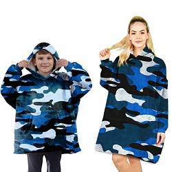 ALLEN & MATE Hoodie-Decke für Kinder und Erwachsene, übergroßer Decken-Hoodie, warmer Morgenmantel, weicher Fleece-Bademantel mit Kapuze, Geschenke, Mädchen, Teenager, Erwachsene (blaues Tarnmuster) von ALLEN & MATE