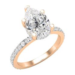 ALLORYA IGI-zertifizierter 14-karätiger Halo-Ehering für Sie mit 2,50 Karat, Birne (2,00 ct Mitte) und rundem (0,50 Karat) weißem Diamant, 9.5, Im Labor gezüchteter weißer Diamant 14 Karat Rotgold, von ALLORYA