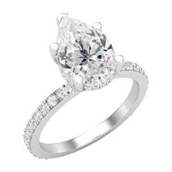 ALLORYA IGI-zertifizierter 2,50 Karat, Birne und runder weißer Diamant, Halo-Ehering für Sie, 925er Sterlingsilber, Größe 7 von ALLORYA
