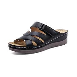 ALLOT Damen Sandalen Pantoletten Hausschuhe Sliders Damen Keilsandalen Plateau Slip On Flats Sommer Open Toe Low Heel Comfy Beach Casual Schuhe, Schwarz (Black Pu), 37 EU von ALLOT