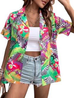 Hawaii-Hemden für Damen, tropisches Blumenmuster, Hawaii-Hemden, Knopfleiste, V-Ausschnitt, kurze Ärmel, Blusen, Tops, Grün , Klein von ALLTB