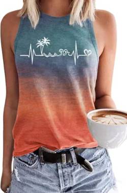 Strand-Herzschlag-Tanktops für Damen: Hawaii-Urlaub, ärmellose Hemden, Palmen-Grafikdruck, Muskel-T-Shirt, sunset red, Mittel von ALLTB