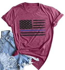 Thin Blue Line Shirt für Damen, Polizei-T-Shirt, Used-Look, USA-Flagge, Patrioten, blaues T-Shirt, Lives Matter, kurzärmeliges T-Shirt - Violett - Mittel von ALLTB
