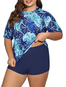 ALLTOKE Damen Zweiteiliger Übergröße Rashguard Kurzarm Badeshirt mit Unterteil UPF 50 Loose Fit Badeanzug, Blaues Blatt + marineblaue Hose 1, 3X von ALLTOKE
