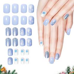 Künstliche Fingernägel für Weihnachten, 24 Stück, kurz, quadratisch, glänzend, französische blau-weiße Schneeflocken-Designs, zum Aufkleben, Acryl, volle Abdeckung, künstliche Nägel für Frauen, von ALLY-MAGIC