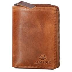 ALMADIH Premium Leder Portemonnaie RFID-Schutz Hochformat mit Reißverschluss 17 Kartenfächer in Geschenkbox Rindsleder Damen und Herren Geldbörse Geldbeutel Portmonee Brieftasche braun (P2H-RV Tan) von ALMADIH