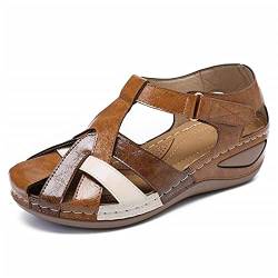 Damen-Sandalen mit geschlossenem Zehenbereich, orthopädische Sandalen, Vintage-Stil, Retro, Leder, Sommer, Vintage, rutschfest, Keilsandalen, verstellbarer Knöchelriemen von ALMAK