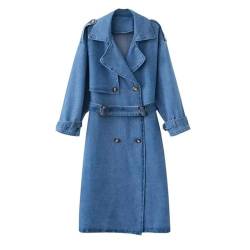Lange Denim-Trenchcoats for Frauen, Gürtel an der Taille, schlanke Jean-Mäntel, Damen, feminine blaue Jeansjacke (Color : Blue, Size : M) von ALOEU