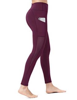 ALONG FIT Damen Sport Leggings mit Netzeinsatz Einsatz Mesh Blickdichte Sporthose mit Tasche Hohe Taille Lange Laufhose Jogginghose Yoga Fitness Training Zinnober Size XXL von ALONG FIT