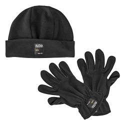 Alpha Industries Herren Label Fleece Handschuhe und Mütze Set, Black, S/M von ALPHA INDUSTRIES