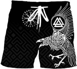 ALPTEC Viking Athletic Shorts mit Taschen, nordisches Rabenmuster, Strandshorts, Sommer, schnell trocknende Sportshorts, Badehose (Color : RavenB, Size : L) von ALPTEC